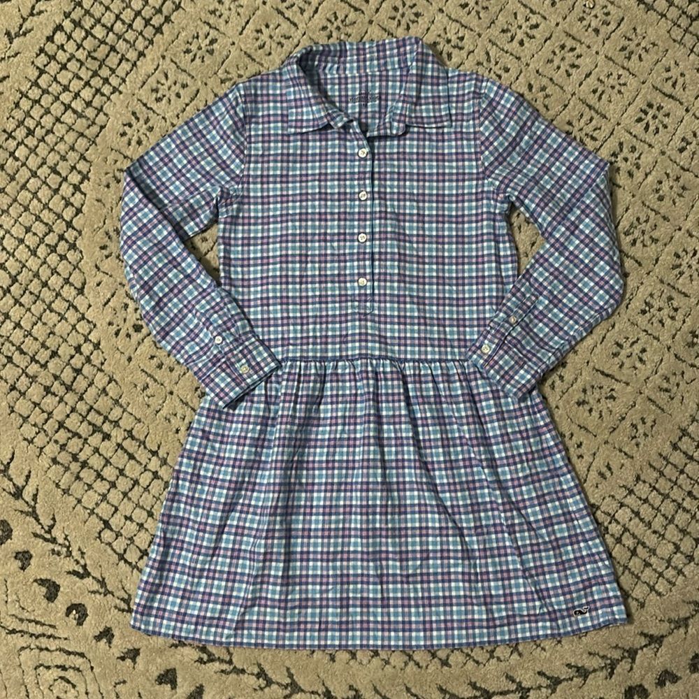 VINEYARD VINES Girls Size 12 Pink and Blue Plaid Cotton Flannel Shirt Dress